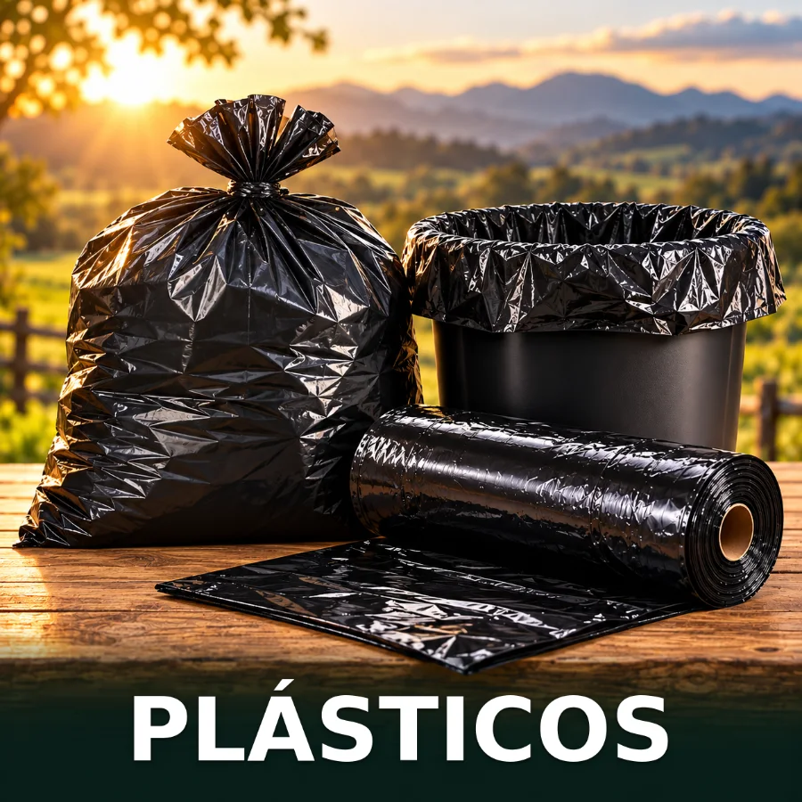 Black trash bags and plastic rolls